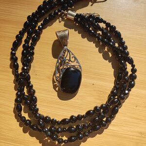 Jay King DTR mine finds black Onyx 3 strand necklace large pendant set 925 Sterl